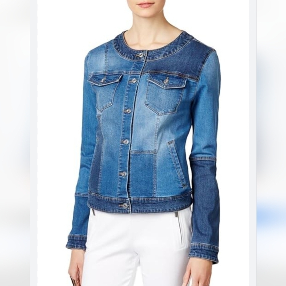 INC Women's Blue Denim Patchwork Jacket Small